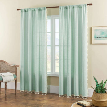 Ouoio Solid Mint Green Boho Linen Sheer Curtains with Tassel Trim and Embroidery - 2 Panels