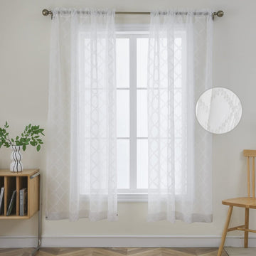 Ouoio Trellis Embroidery White Sheer Curtains Rod Pocket Handing - 2 Panels