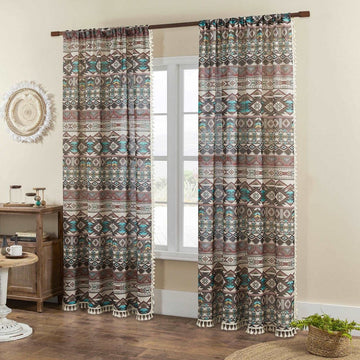 Ouoio Tribal Patterned Bohemian Linen Sheer Curtains with Tassel Trim and Embroidery - 2 Panels