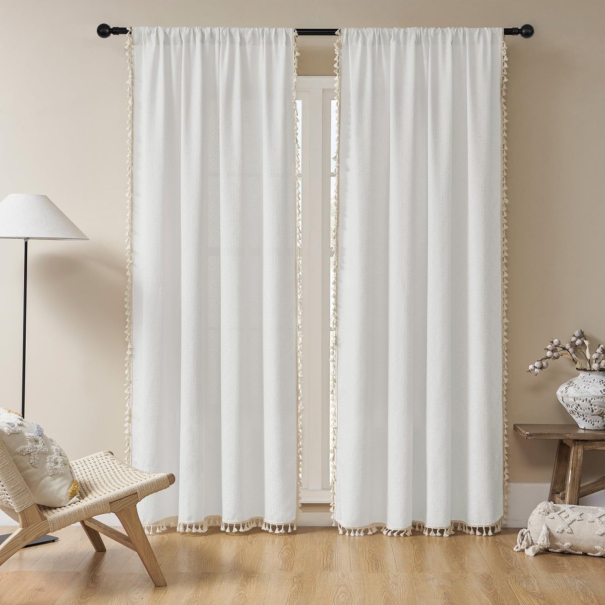 OUOIO White Boho Curtains Country Rustic Linen Sheer Curtains - 2 Panels